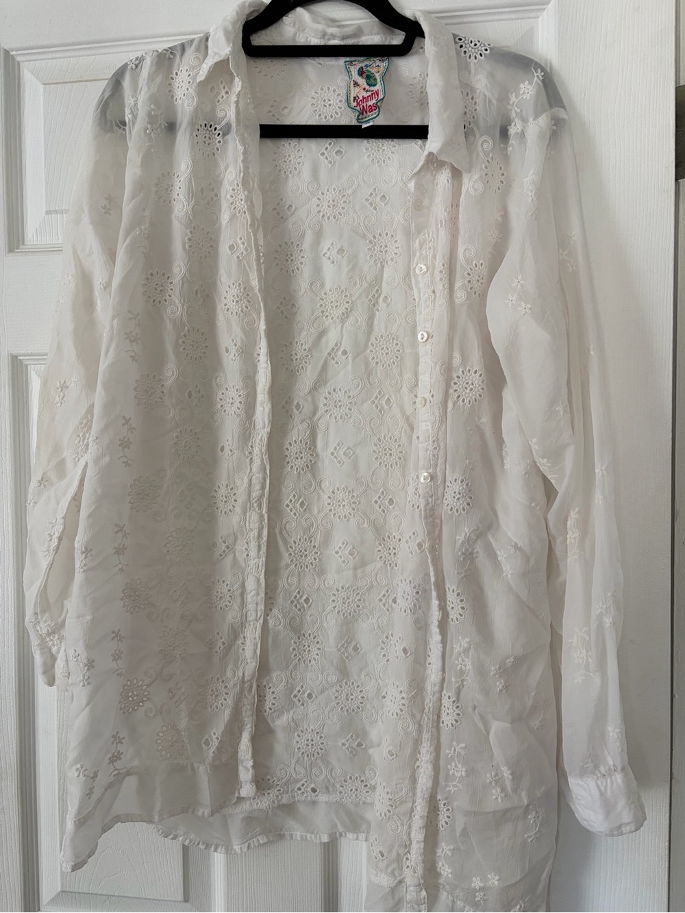 Johnny Was White Embroidered Sheer Button-Down Shirt